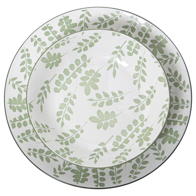 SERVIZIO PIATTI 18 PEZZI PORCELLANA BIANCA FOGLIE VERDI, PIATTO PIANO: ø27 _DESSERT:°19CM, PROFONDO:°20X4CM CU7264