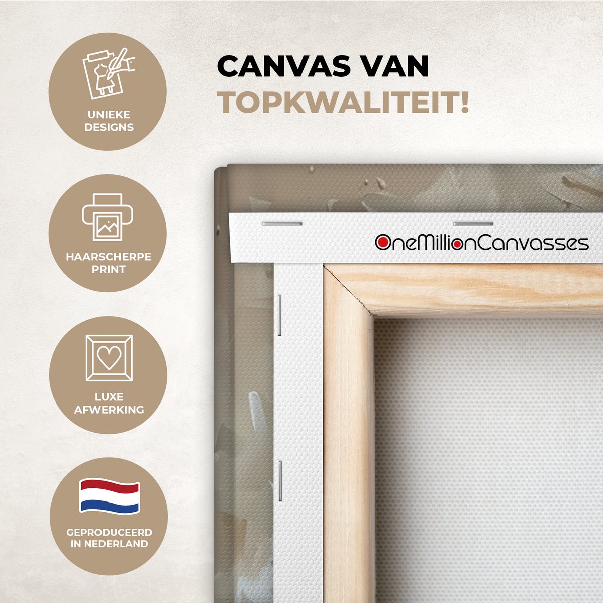Canvas schilderij  - Wanddecoratie - Bloemen - Vaas - Stilleven - Beige