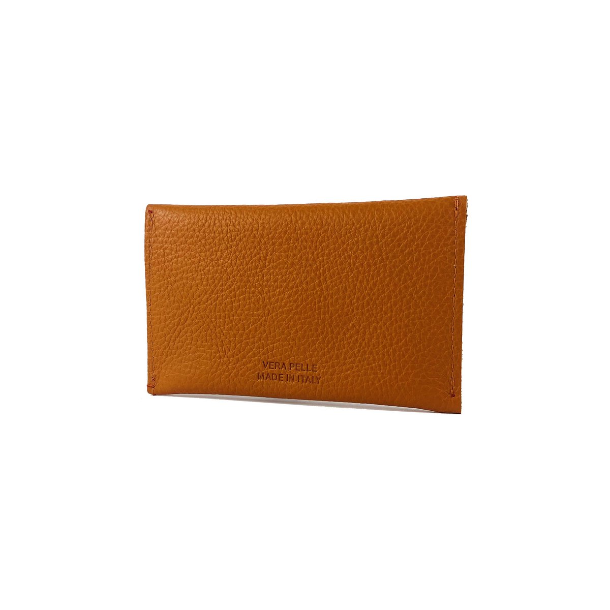 K0040LB | Zakje met klep Made in Italy in echt volnerf leer, generfd dollar - Oranje kleur - Afmetingen: 13 x 8 x 0,5 cm - Verpakking: stijve bodem/deksel Geschenkdoos