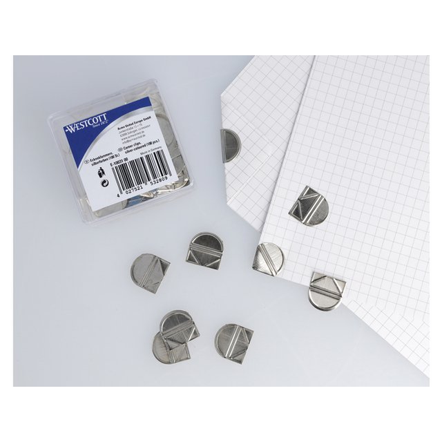 Clips de esquina Westcott de plástico plateado. caja 100 piezas