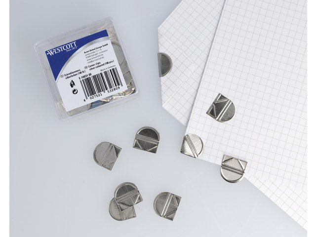 Clip per angoli Westcott in plastica argentata. scatola da 100 pezzi