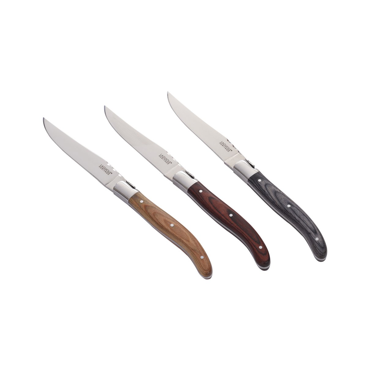 Box of 6 steak knives - Pakka wood handle in 3 assorted shades - Stainless steel - Cardboard gift box with brand history - Style and comfort of use - Very resistant