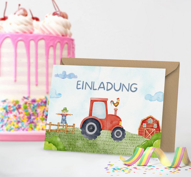 Invitationskort til traktorer - sæt til at udfylde inklusive kuverter - gårdbørns fødselsdagsfest - traktortemafest