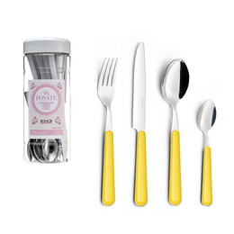 A 24-piece cutlery set in a window box, featuring a variety of colorful stainless steel utensils including forks, knives, and spoons.
