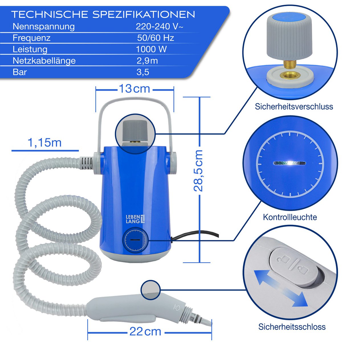 LIFETIME Elektrische Stoomreiniger Handstoomreiniger - 1000W & 300ml + 10x Accessoires | Handstoomreiniger stoomreiniger auto hetelucht voegenreiniger voor badkamertegels en voegen apparaat gestoffeerde meubels