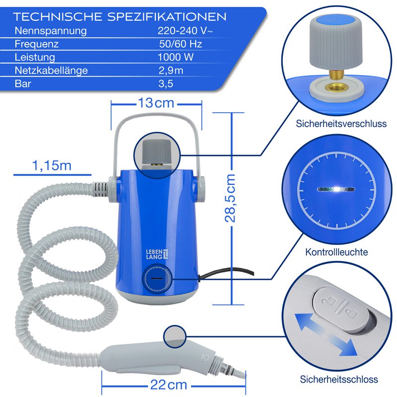 Elektryczny odkurzacz parowy LIFETIME Ręczny odkurzacz parowy - 1000 W i 300 ml + 10 szt. akcesoriów | Ręczny odkurzacz parowy Środek parowy do czyszczenia fug samochodowych na gorące powietrze do płytek łazienkowych i fug mebli tapicerowanych