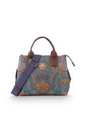 Medium-sized handbag in blue and brown paisley pattern, with leather trim and adjustable shoulder strap.