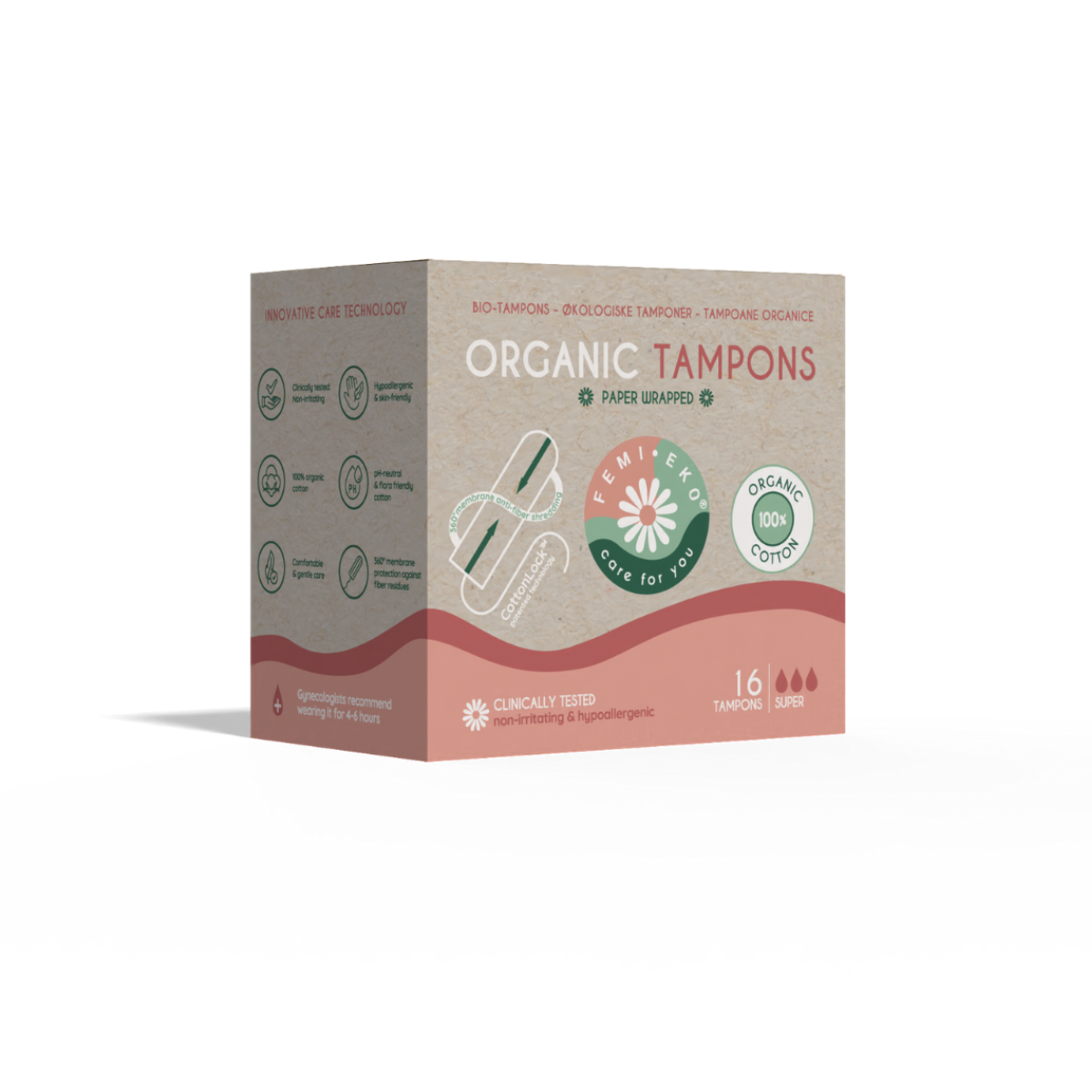 Femi.eko® Tampones de algodón orgánico - Super - 16 PCS