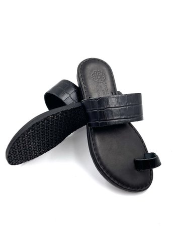 Zwarte platte leren sandalen dames, ronde teen dia-slippers van echt leer, handgemaakte dia lederen slingbacks, Sandalmania sandalen