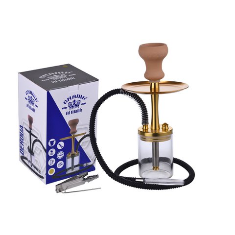 Chicha Complete Shisha Kit with Silicone Hose Ceramic Bowl, Tongs, Mouthpiece, Glass Base Hookah Complete Set Modern Gold