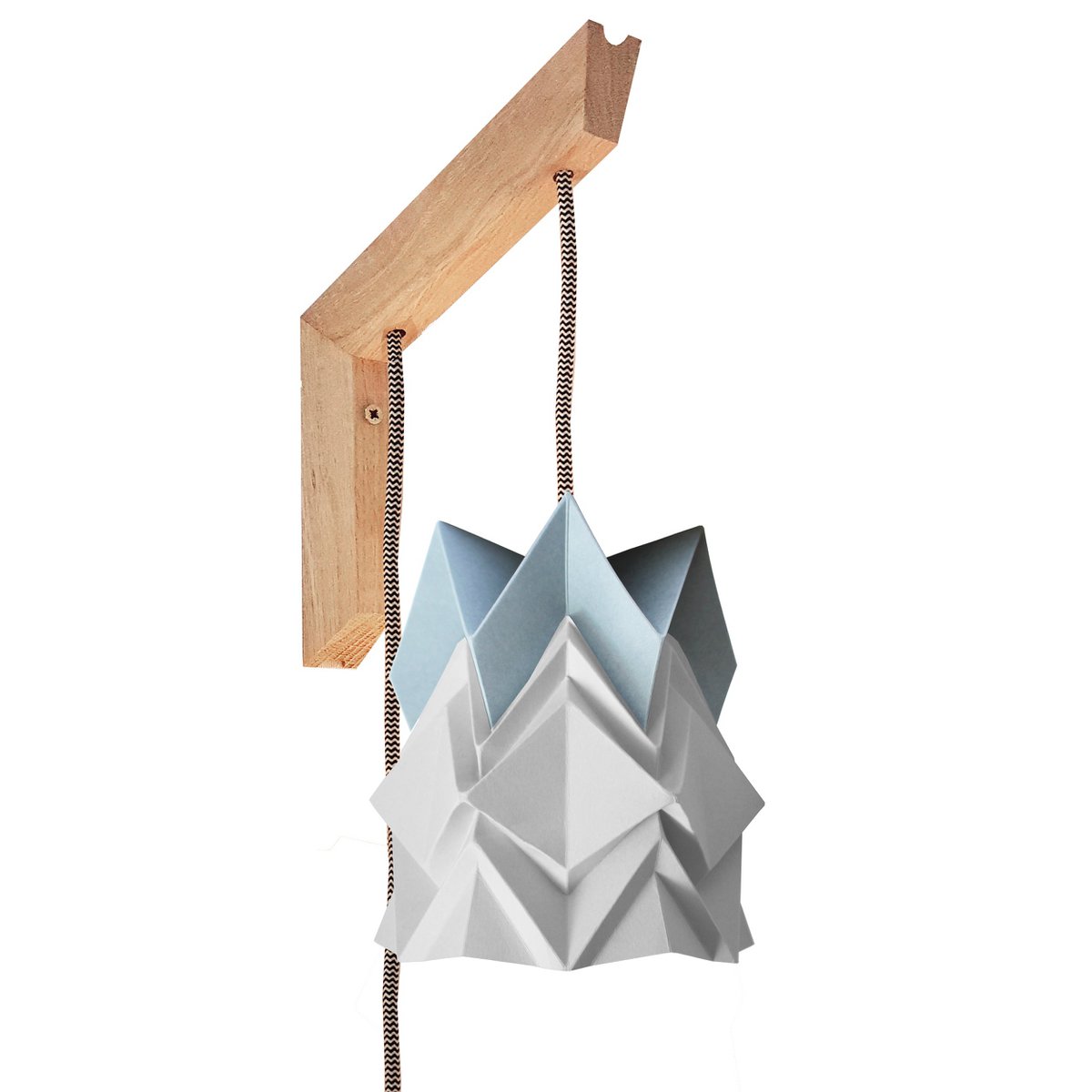 Holzwandleuchte und kleine zweifarbige Origami-Papierpendelleuchte