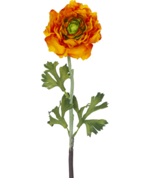Vibrant orange artificial ranunculus flower, 51 cm tall, with lush petals and green foliage. Suitable for home decor, floral arrangements, and crafting projects.