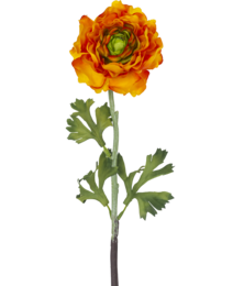 Vibrant orange artificial ranunculus flower, 51 cm tall, with lush petals and green foliage. Suitable for home decor, floral arrangements, and crafting projects.