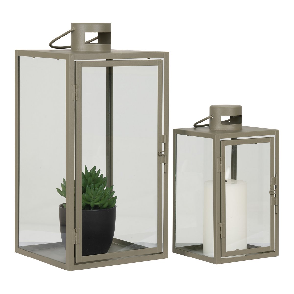 Corfu Lanterns - Green, Steel, Glass, 13/19.5x13/19.5x25.5/40 cm - Set of 2