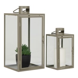 Corfu Lanterns - Green, Steel, Glass, 13/19.5x13/19.5x25.5/40 cm - Set of 2