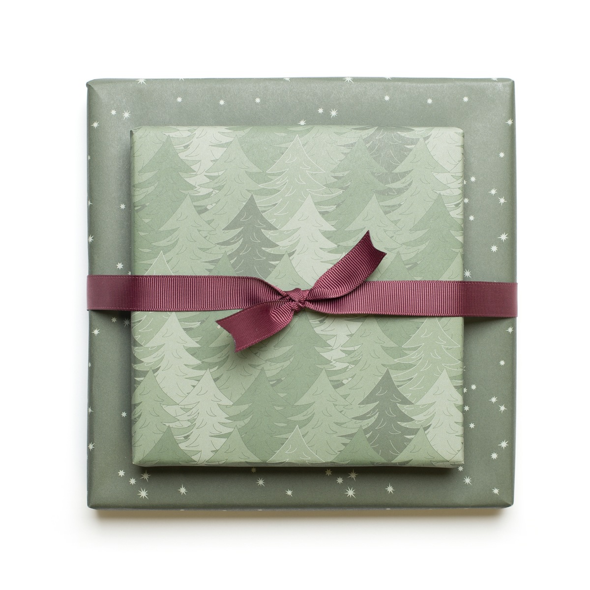 Papel de regalo navideño sostenible verde, papel de regalo Árboles de Navidad y estrellas: papel de regalo de doble cara fabricado con papel 100% reciclado