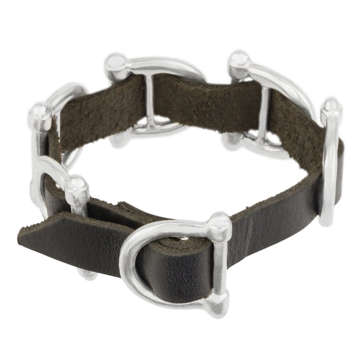 Black and silver leather bracelet with central buckle