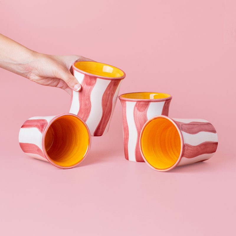 Keramik-Frühstückstasse 250 ml / Weiße und rosa Streifen PACA