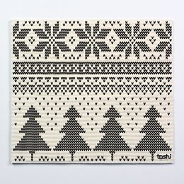 Knitted pattern with snowflakes and Christmas trees in black and white. Suitable for tea towels, clothing, or other textile products.