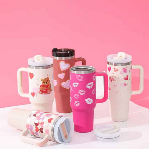 40 Oz beker met handvat, geïsoleerd met stro, roestvrij staal, morsbestendig vacuüm koffiekopje, beker met deksel, taps toelopende mok, cadeaus voor Valentijnsliefhebber, geschikt voor auto, sportschool, kantoor, reizen