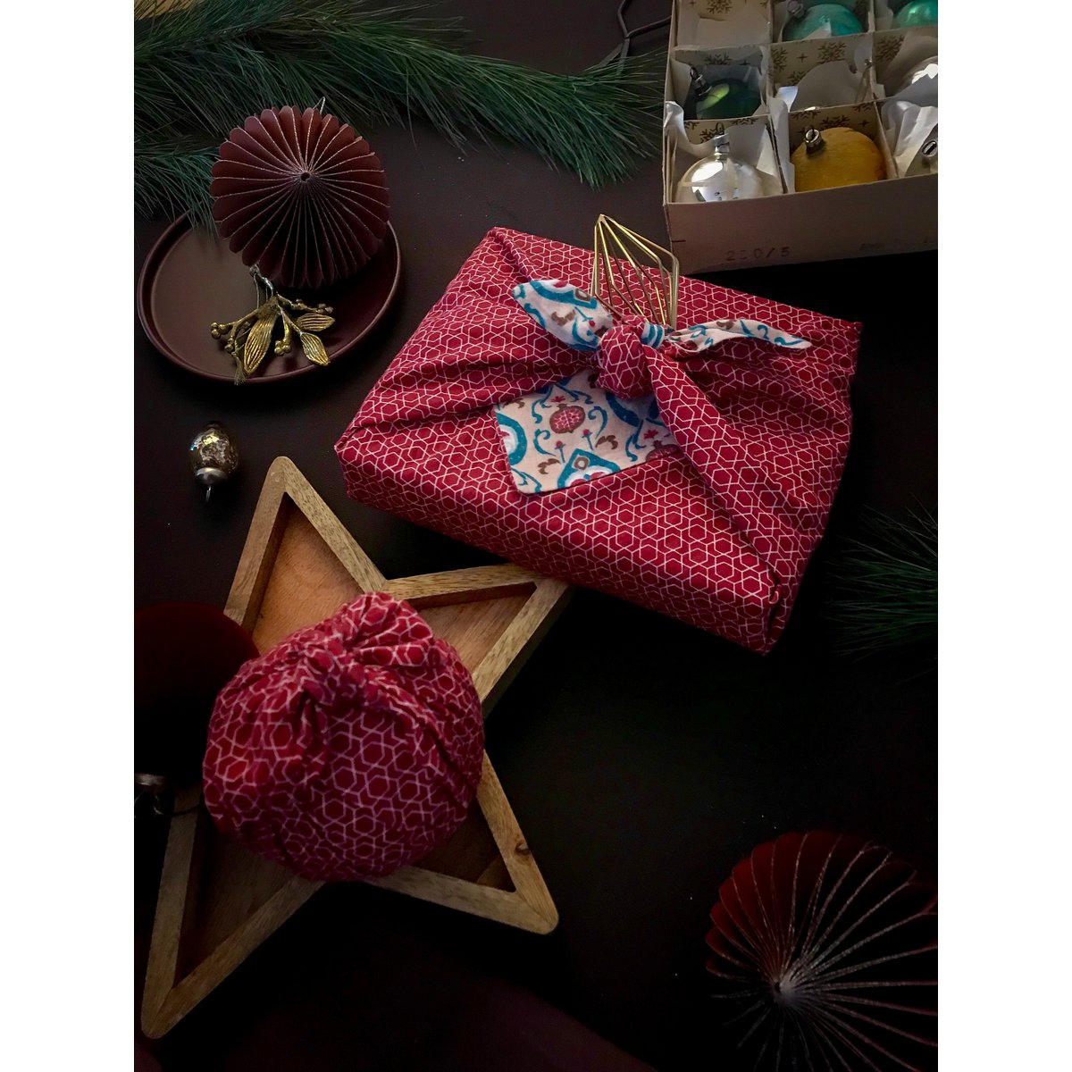 Furoshiki gaveindpakning - 6 stykke Teal & Cherry Bundle - Stof gaveindpakning