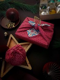 Envoltura de regalo Furoshiki - Paquete de 6 piezas de color verde azulado y cereza - Envoltura de regalo de tela
