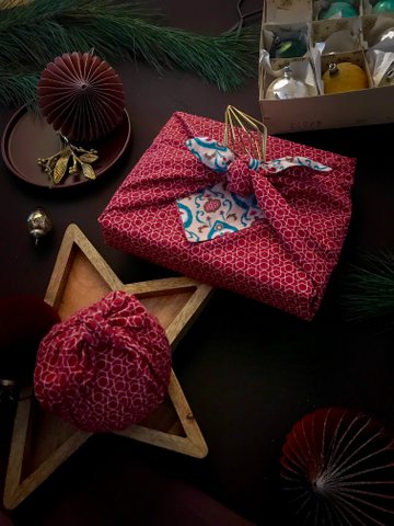 Furoshiki-Geschenkpapier – 6-teiliges Bündel in Blaugrün und Kirsche – Geschenkpapier aus Stoff