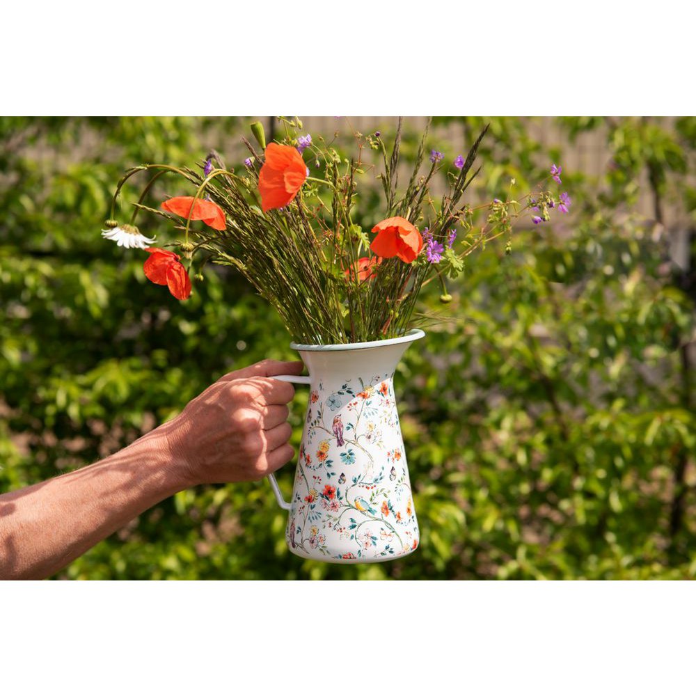 Decoratie Kan 16x12x20 cm Wit Rood Metaal Bloemen