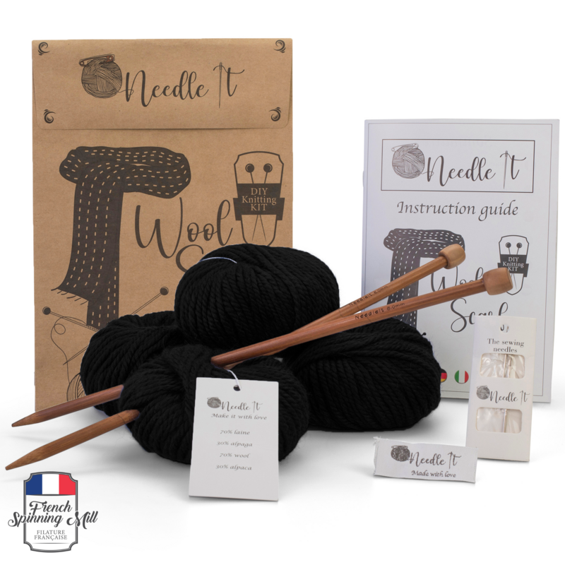 NEEDLE IT® Kit de Tejer para Adultos Principiantes Completo con Agujas de Tejer - Bufanda de Lana para Tejer DIY - Idea de Regalo (Negro)
