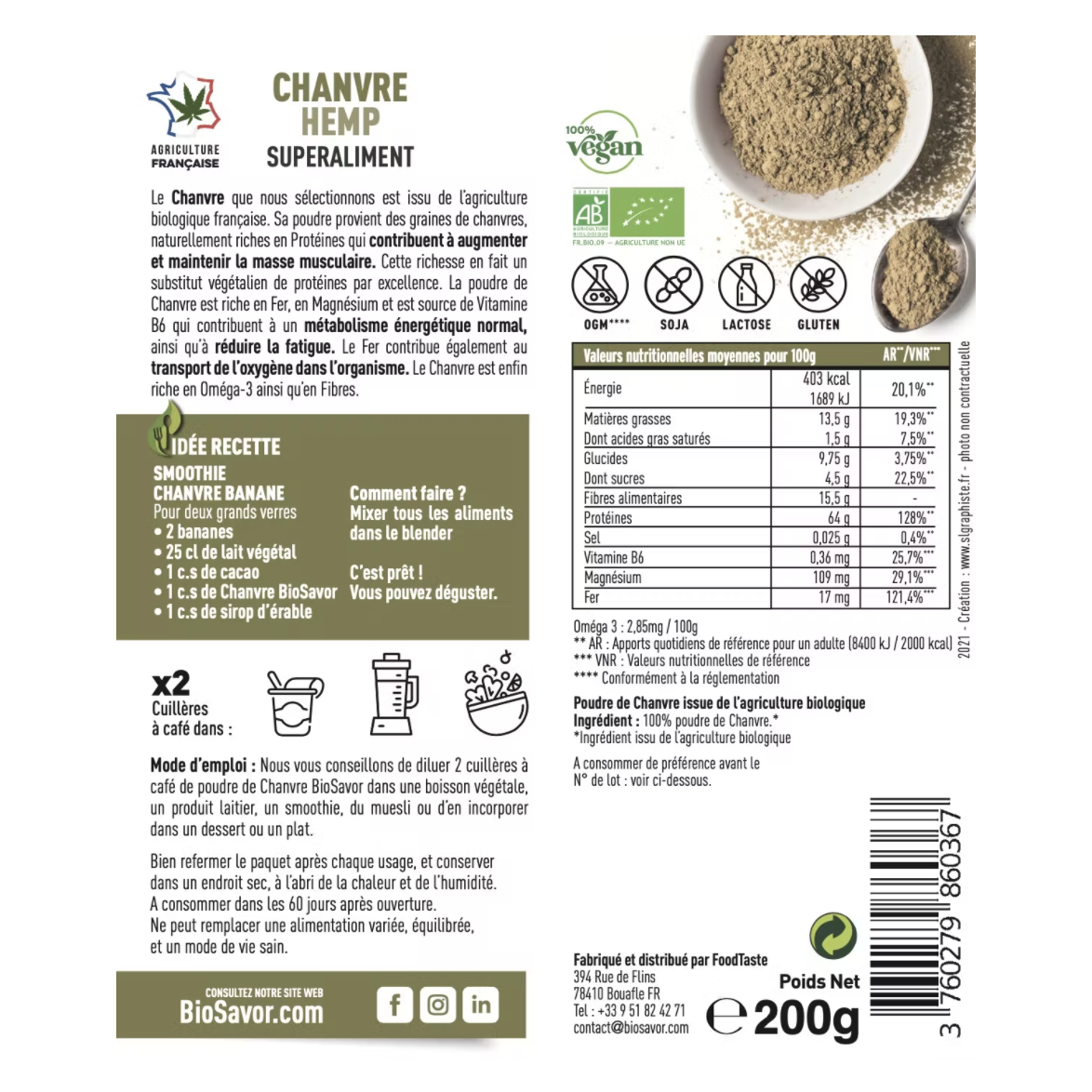 CHANVRE EN POUDRE - 200G - ERGÄNZUNG DER NAHRUNGSMITTEL