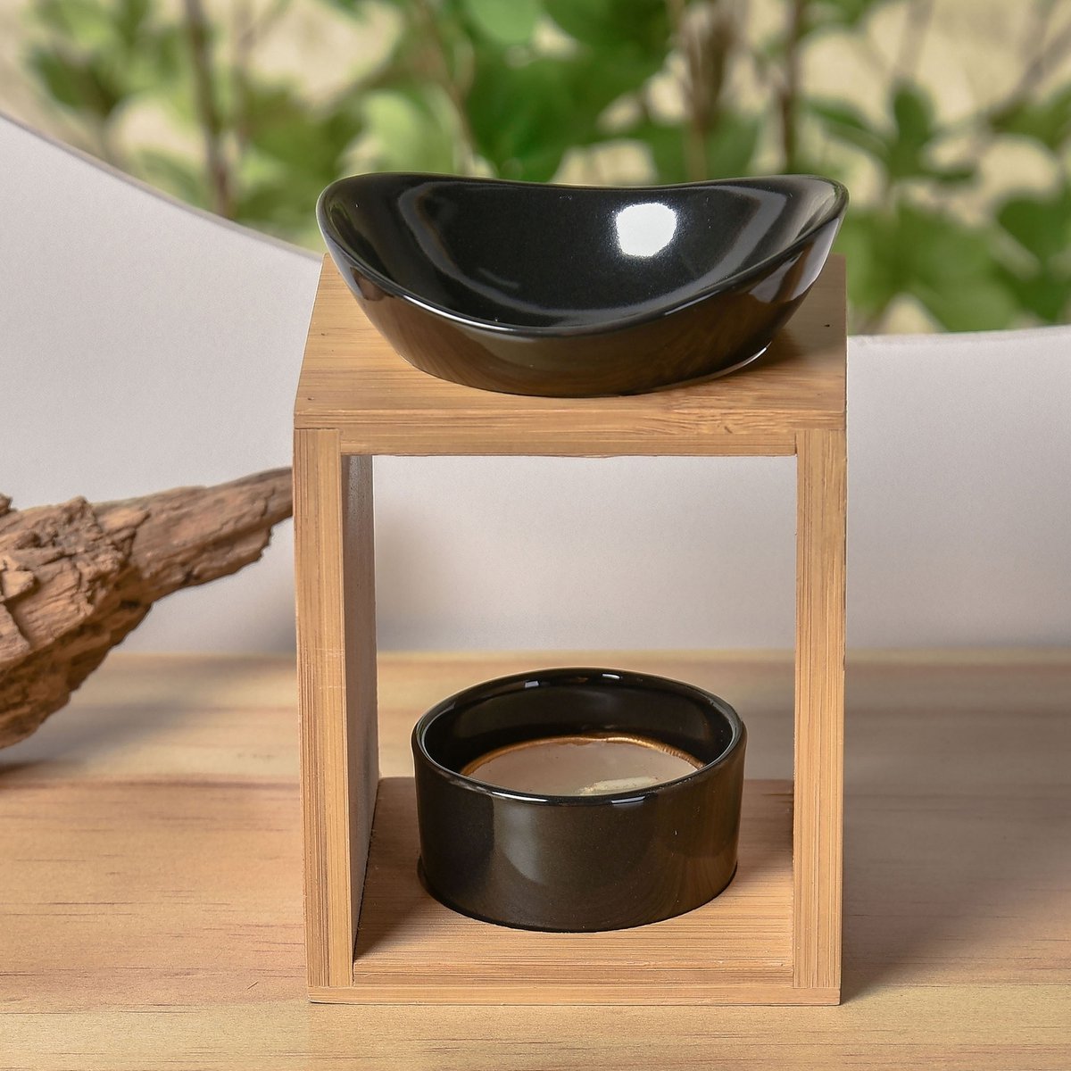 Quemador de perfume serie Naturea - Kalos - Portavelas de cera perfumada - Objeto decorativo de aromaterapia - Bambú y cerámica - Idea de regalo