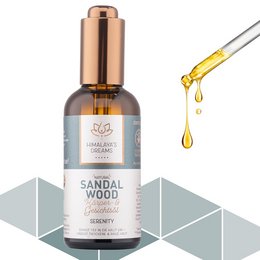 Sandalwood body and face oil, natural and ayurvedic, made in India, fair trade, bio-certified, controlled natural ingredients, no additives, vegan, and cruelty-free.