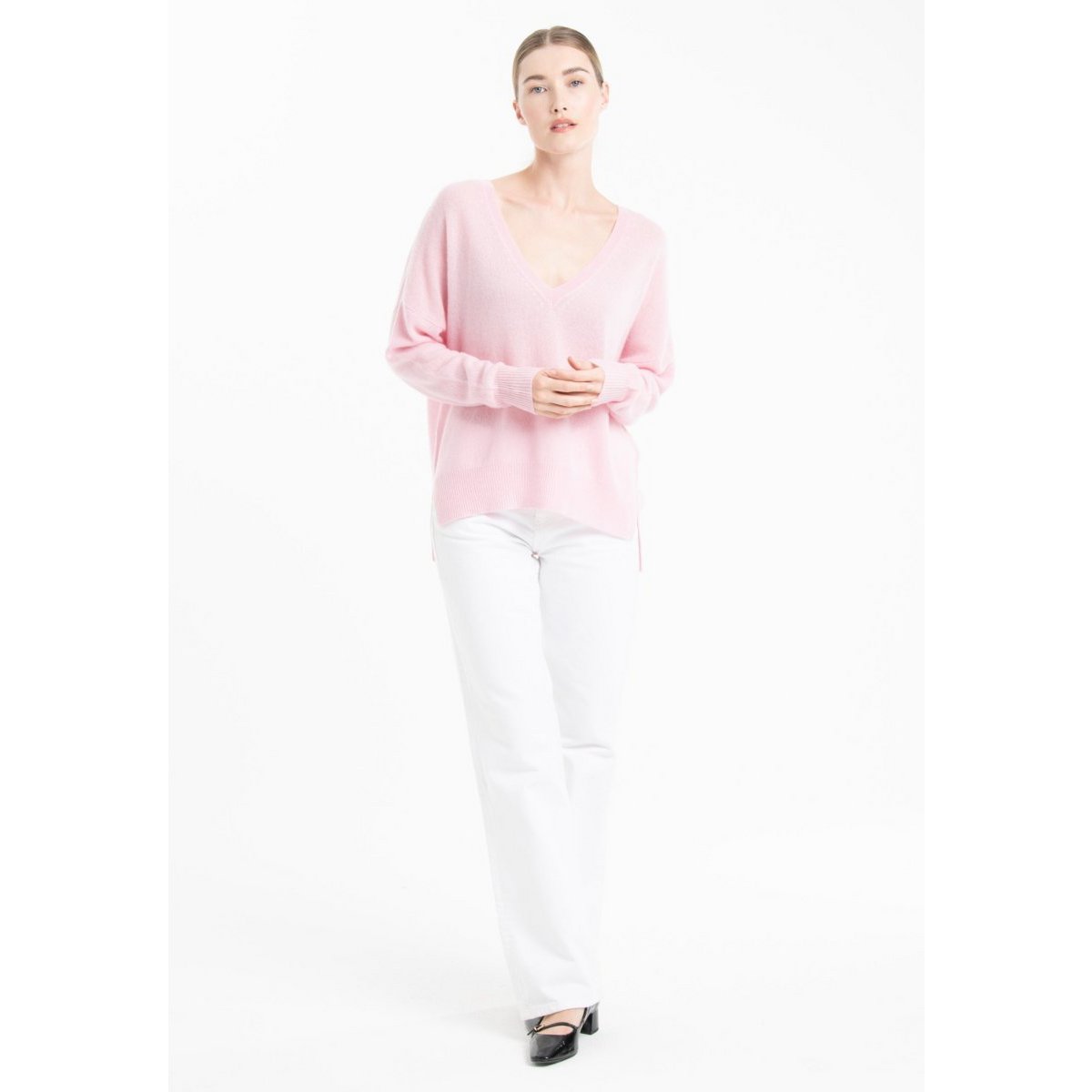 NAMI 23 Pull col V en cachemire avec bande couleur rose