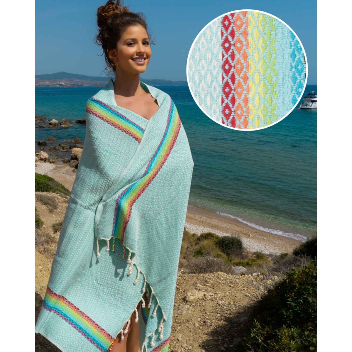 RAINBOW Cotton Hammam Beach & Sauna Towel – Quick Dry – Mint - 180x100 cm