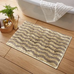  Beige gray wavy striped microfiber bath mat, soft washable anti-slip bathroom floor mat, 38x58 cm rectangular.