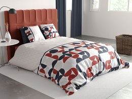 A 3-piece duvet set in a 260x240cm size, made of 100% cotton with a thread count of 57 threads/cm2. The duvet features a moon-themed geometric pattern in shades of orange, gray, and white.