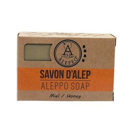Aleppo olive soap bar with honey, natural and handmade, rectangular shape, earthy tones.