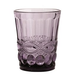 Set of 6 vintage-style purple tumblers, 23 cl capacity, featuring a decorative pattern with floral and geometric elements.