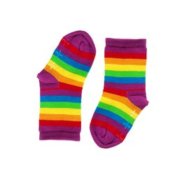 Colorful striped baby socks in sizes 0-1 year, 1-2 years, and 2-3 years. The socks feature a vibrant rainbow pattern with shades of red, orange, yellow, green, blue, and purple.