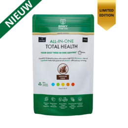 Chocolate fudge flavored all-in-one total health supplement with ashwagandha, banana, and strawberry. Limited edition product.