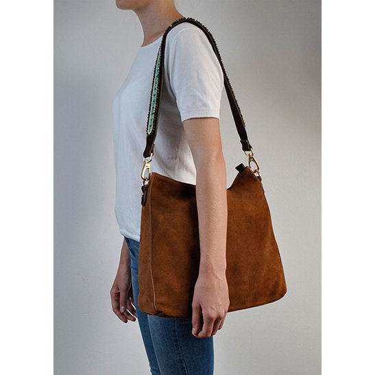 BOHO IBIZA BAG - Tracolla Tiger Turchese (70cm) + Borsa in pelle scamosciata (Cognac)