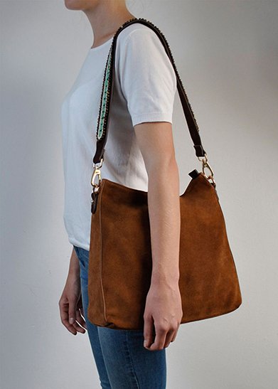 BOHO IBIZA BAG - Tracolla Tiger Turchese (70cm) + Borsa in pelle scamosciata (Cognac)
