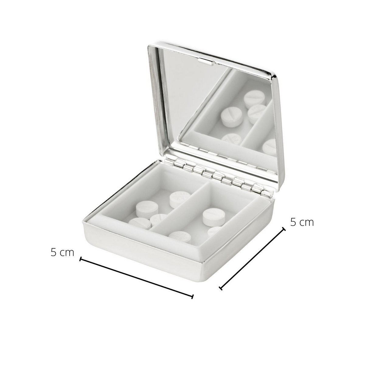 Pudełko na pigułki EDZARD Lydia z lusterkiem, 2 przegródki, eleganckie posrebrzane, odporne na matowienie, 5 x 5 cm