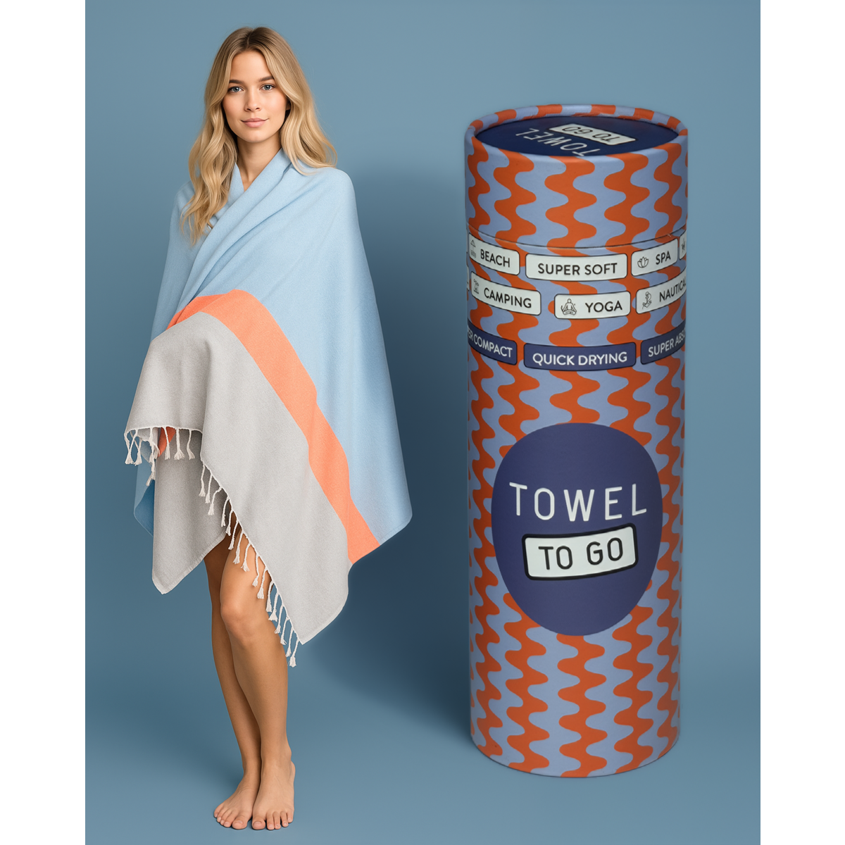 TOWEL TO GO NEON Strandlaken van gerecycled katoen 180x100 cm | Lichtgewicht sneldrogend | Blauw / Grijs | met geschenkdoos