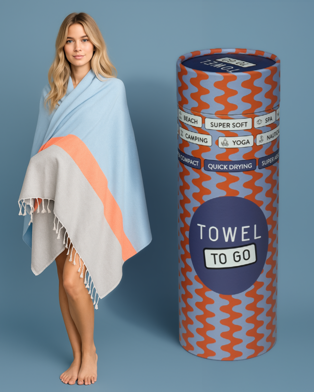 TOWEL TO GO NEON Telo mare in cotone riciclato 180x100 cm | Leggero Asciugatura rapida | Blu/Grigio | con confezione regalo