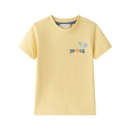 Yellow short-sleeved t-shirt with surfer graphic for boys aged 3-9 years.