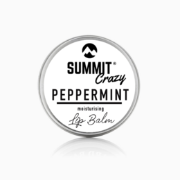 Peppermint-flavored lip balm in a round tin container with the Summit Crazy logo.