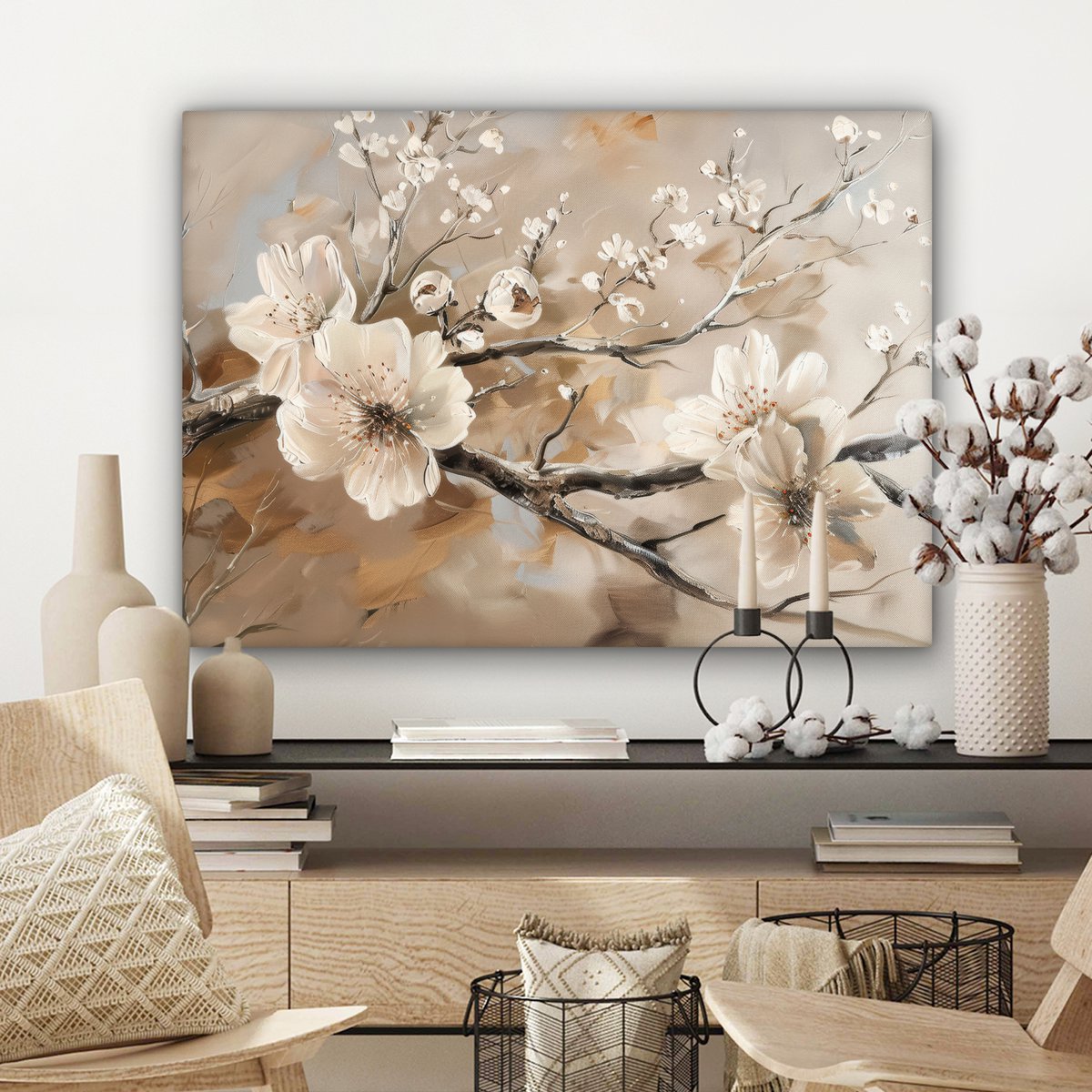 Canvas schilderij  - Wanddecoratie Bloemen - Natuur - Wit - Bloesem - Abstract - Muurdecoratie woonkamer - Slaapkamer decoratie - Kamer accessoires - Schilderijen op canvas