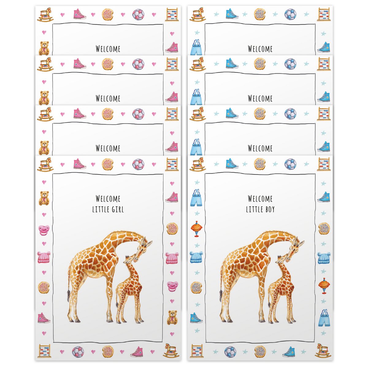 10 biglietti augurali bimbo + bimba con busta - dipinti a mano - cartolina - giraffa mamma e bebè - regalo maternità - formato A6