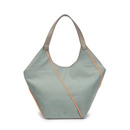  Mint green recycled PU leather tote bag with contrasting orange zipper details. Spacious and versatile design suitable for everyday use.